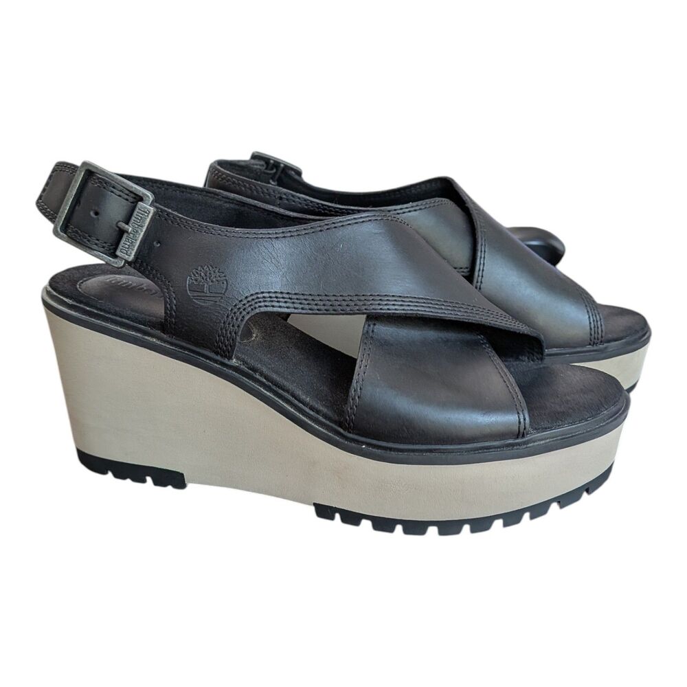 Timberland Koralyn Women's Black Leather Cross Band Wedge Platform Sandals Sz 7